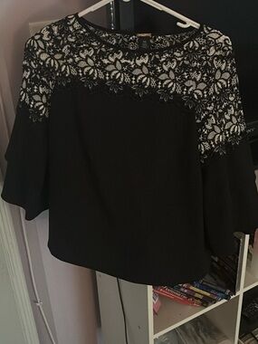 Black Lace-Yoke Bell-Sleeve Blouse